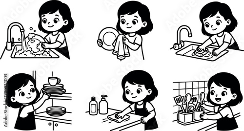 Black and white line art girl washing drying and organizing dishes in kitchen