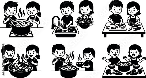 Black and white vector art children cooking and preparing vegetables together