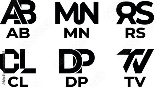 Bold black sans serif combined letters monogram set with ab mn rs cl dp tv