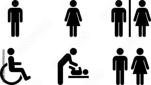 Black and white restroom accessibility and family care icons set vector art