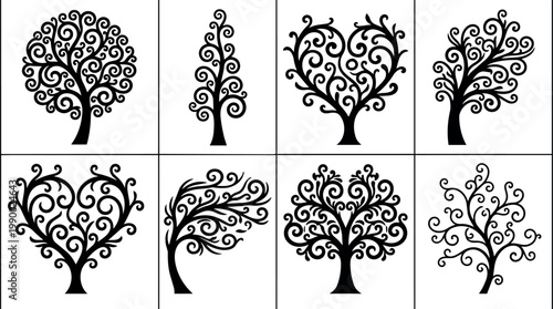 Black and white swirl tree collection with heart shapes and curly branches vector art