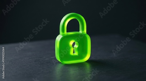 Glowing Green Padlock on Dark Surface - Security Concept.
