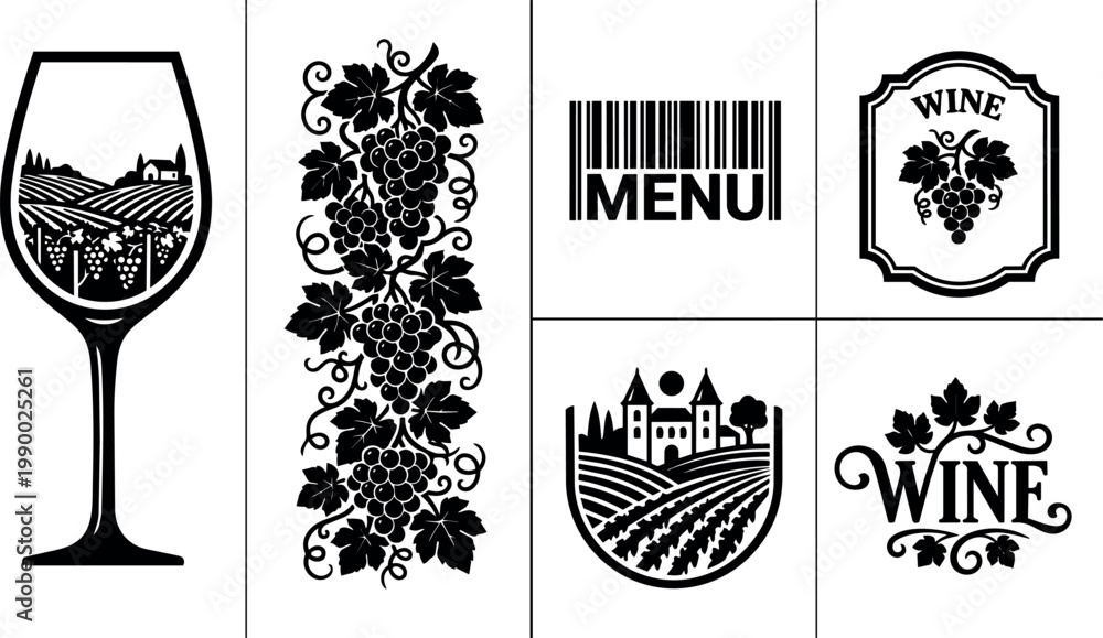 Obraz premium Black grapevine cluster and vineyard landscape with wine glass and menu barcodes vector art