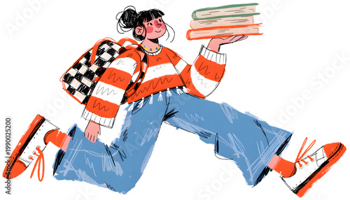Cheerful female student holding books with backpack. Isolated on transparent background PNG, perfect for education ads, school promotions, learning apps, university marketing, and youth lifestyle