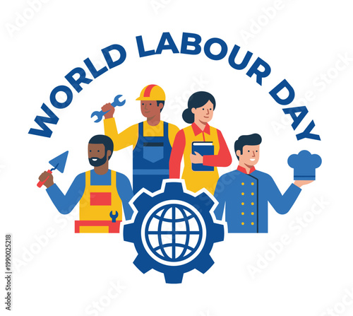 Colorful flat illustration of diverse professional workers character standing around gear and globe symbol for international world labour day may first celebration in vector design