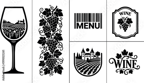 Black grapevine cluster and vineyard landscape with wine glass and menu barcodes vector art