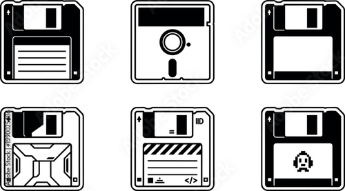 Black and white flat design floppy disk icon set with labels and pixel art