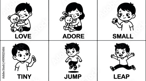 Black and white children with toys and action words love adore small tiny jump leap vector art