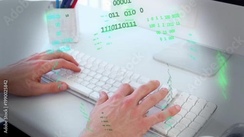 Male hands settling on keyboard and typing for coding, green code overlay flowing across keys