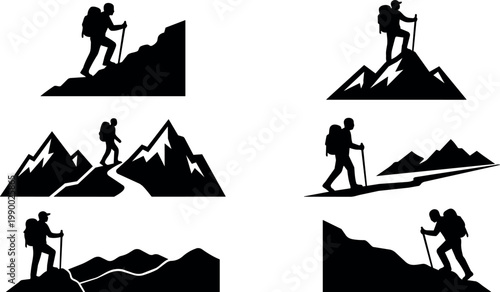Silhouette hiking icons with backpacks walking and climbing mountains