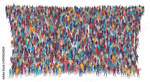 A large crowd celebration is captured in this high-angle, full shot with a vibrant color palette, depicting a diverse gathering of people against a clean white background, conveying a sense