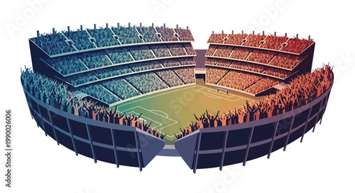 Overhead view of a stadium illustration teeming with fans in a vibrant crowd celebration, rendered with a textured, hand-drawn style and a color gradient from cool blues to warm reds