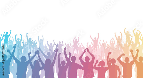 Silhouetted figures in a crowd celebration are depicted with arms raised in a dynamic vector illustration, the gradient of colors creating a joyful mood against a clean white background