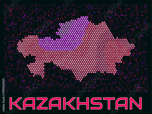 Kazakhstan digital style hexagon map. Vibrant magenta purple pink neon dotted shape. Country tiny bright hexagon cells. Kazakhstan honeycomb map design. Vibrant Vector Illustration.