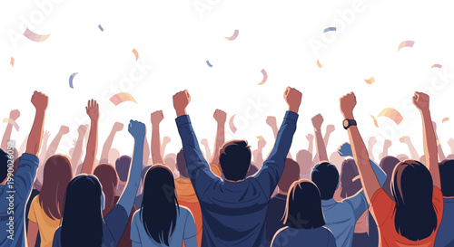 A jubilant crowd celebration is depicted in a bright, high-key illustration, with silhouetted figures raising their arms in unison amid falling confetti, conveying a feeling of triumph