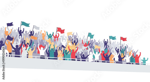 A vibrant flat illustration depicts a crowd celebration scene filled with colorful silhouettes of people cheering and waving flags, set against a clean white background that emphasizes