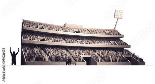 A stylized, monochromatic long shot depicts a massive stadium filled with an indistinguishable crowd in celebration, with one silhouetted figure standing outside raising their arms