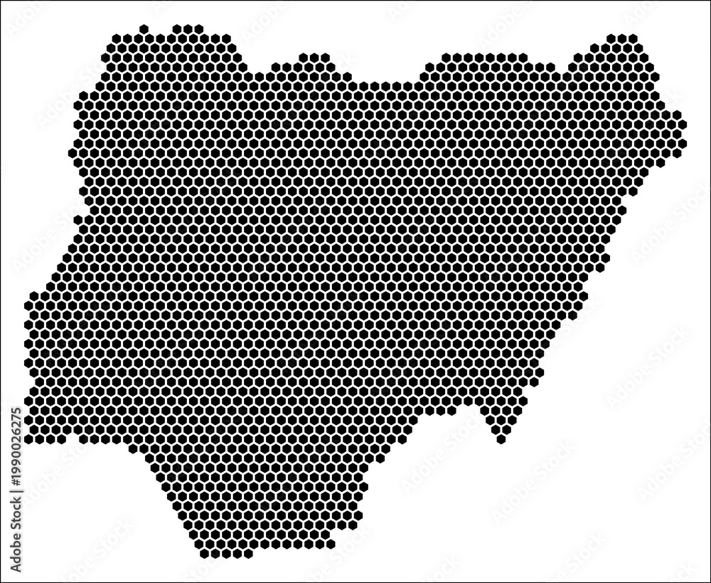 Fototapeta premium Nigeria hexagon map. Plain black and white dotted shape template. Country tiny hexagon cells. Nigeria flat honeycomb template. Vector Illustration.