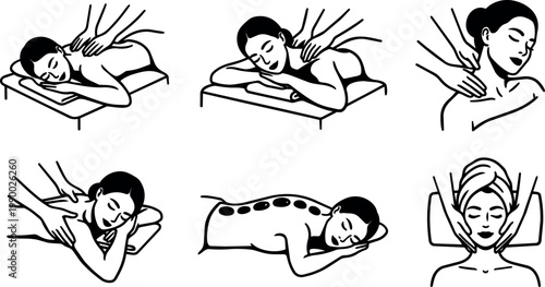 Black and white line art illustrations of woman receiving different types of massage and spa treatments