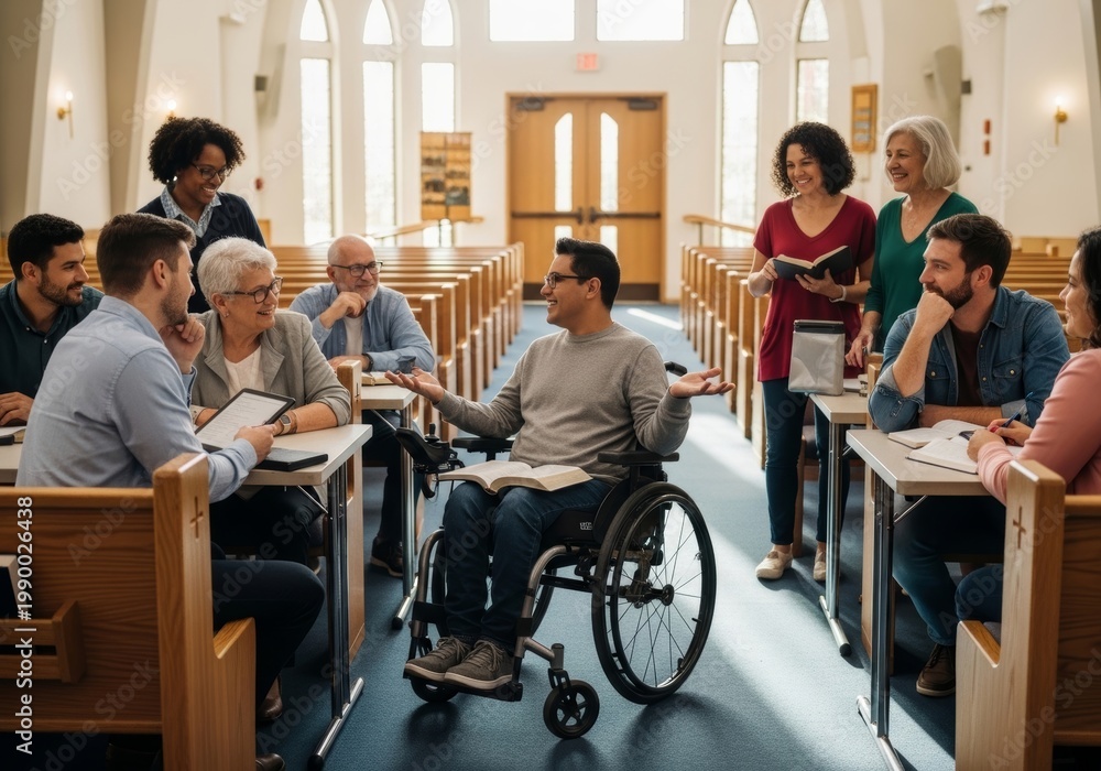 Obraz premium Diverse group of people in wheelchair study bible together in church. Young man with disability leading religious discussion. Community meeting, inclusivity and spiritual support concept.