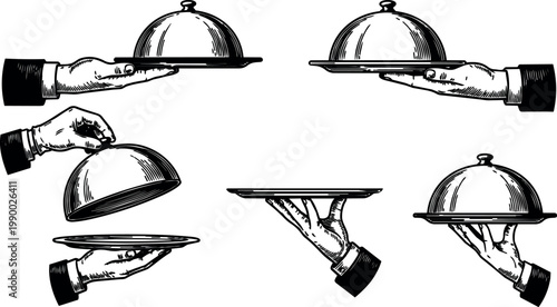 Black and white vintage hands holding serving trays with cloche covers set