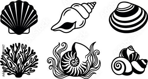 Six seashell and coral silhouettes