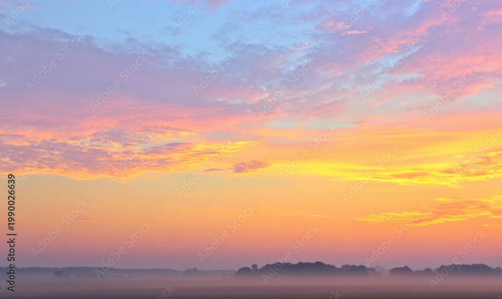 Fototapeta premium Misty dawn landscape with colorful sky transitioning from pink to yellow