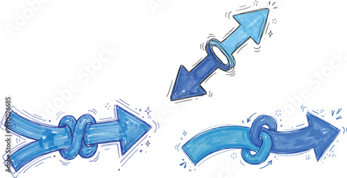 Hand Drawn Blue Arrow Set with Knots Sketch Style Directional Arrows Collection for Creative Design