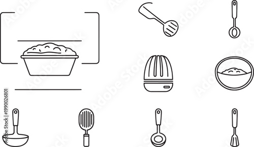 Black and white line of kitchenware and utensils line black and white