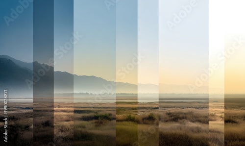 Abstract sunrise strips over foggy meadow with distant hills