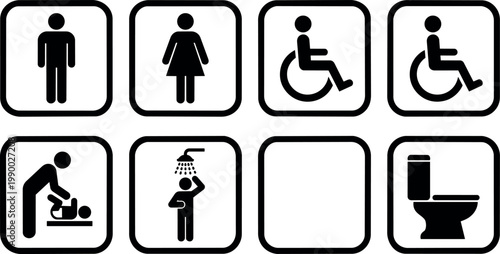 Black and white restroom and accessibility icons including shower toilet baby changing