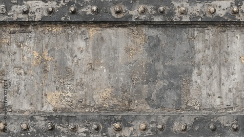 Industrial grunge metal texture rust rivets panel surface background with weathered steel and peeling paint, showcasing aged construction material, gritty abstract design and raw urban style