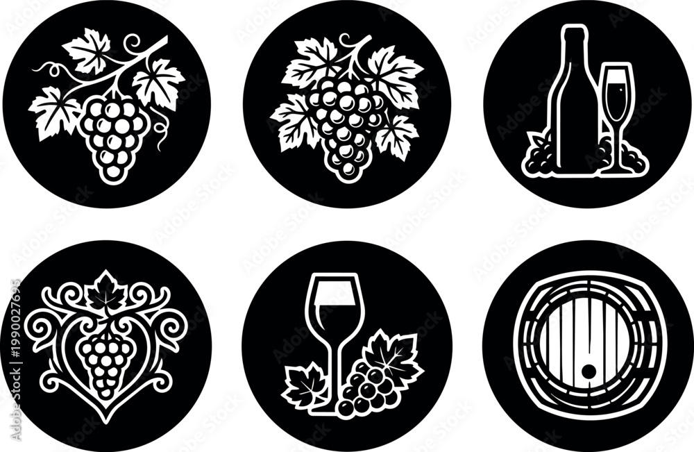 Obraz premium Black and white grape cluster cork barrel wine glass round icons set