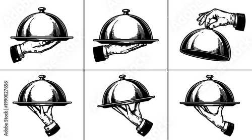 Hand holding serving tray with cloche in different positions black and white vector art