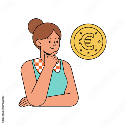 A young woman with her finger on her chin contemplates a golden euro coin nearby.
