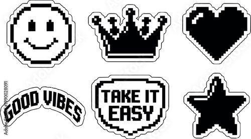 Pixel art black and white smiley crown heart good vibes take it easy star icons