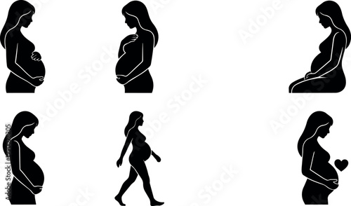 Black and white silhouettes of pregnant women in various poses with heart symbol vector art