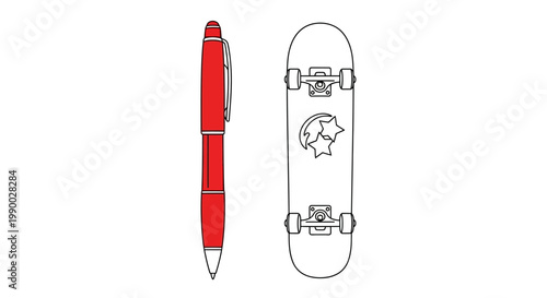 Minimalist vector illustration contrasting a red pen and a skateboard outline.