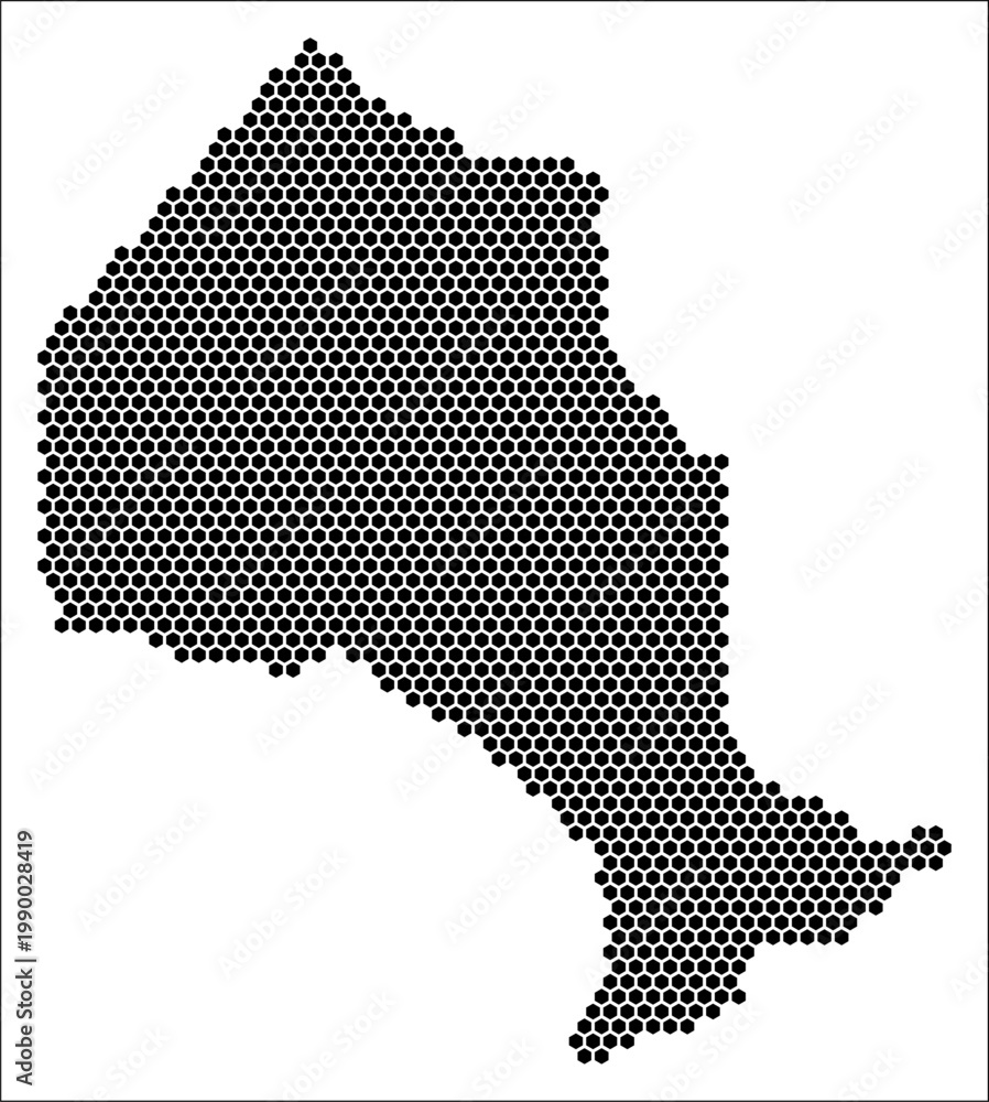 Fototapeta premium Ontario hexagon map. Plain black and white dotted shape template. Province tiny hexagon cells. Ontario flat honeycomb template. Vector Illustration.