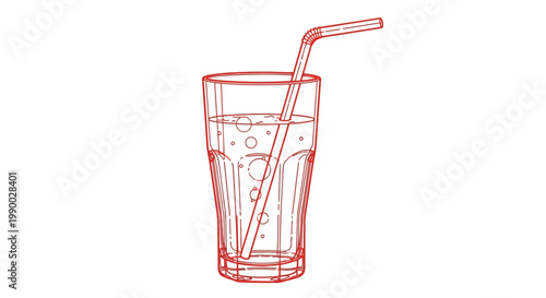 Red line drawing of a soda with a straw and bubbles.