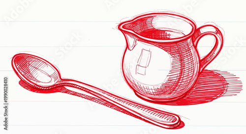 Red sketch of a pitcher and spoon on lined paper