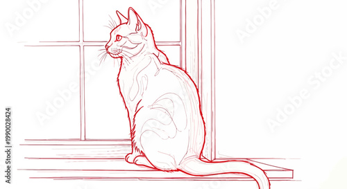 Minimalist red line art of a cat sitting on a windowsill, looking out.