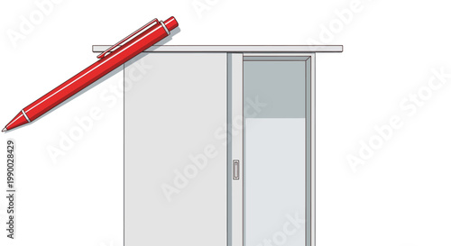 A red pen lies on top of a sliding door.