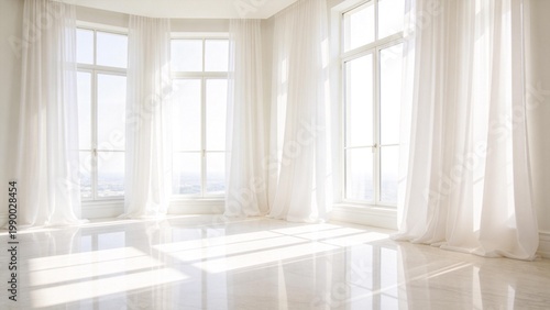 Bright empty room with white curtains