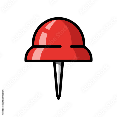 A bright red pushpin with a glossy surface is ready to fasten items to a surface.