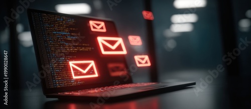 Laptop screen displaying multiple red email icons with glowing effect in a digital environment
