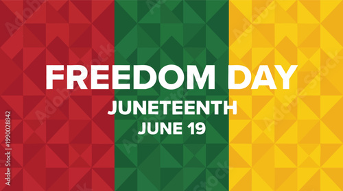 Commemorative Juneteenth graphic featuring Freedom Day text on a red, green, and yellow geometric mosaic background for the June 19th holiday.