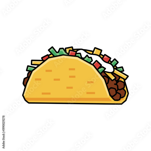 A colorful cartoon taco filled with meat, lettuce, cheese, and sour cream.