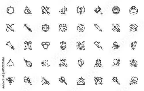 Role Playing Games icon set. RPG vector icons pack. Includes shield, sword, wand, axe, potion, spell, skull, monster and more. Editable stroke.