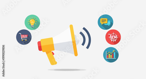 Megaphone with sound waves and icons.